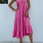 Loose Sleeveless Pleated Split-Joint V-Neck Midi Dresses