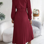 High Waisted Long Sleeves Belted Buttoned Pleated Solid Color V-Neck Maxi Dresses