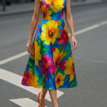 Sleeveless Contrast Color Flower Print Round-Neck Midi Dresses