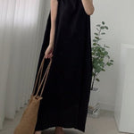 Casual Simple Solid Color Split-Side Round-Neck Sleeveless Midi Dress