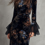 Midnight Floral Velvet Flowing Gown With Lace-Trim Bell Sleeves