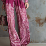 Elegant And Modern Hot Pink Printed Chiffon Long-sleeved Wide-leg Jumpsuit