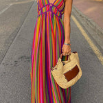 V Neck Backless Rainbow Stripes Cami Maxi Holiday Dress