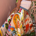 Summer Destination Satin Unique Print Elastic Waist Irregular Hem Maxi Skirt