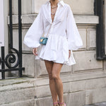 Urban Puff Sleeves Buttoned Split-Joint Solid Color Lapel Mini Dresses Shirt Dress