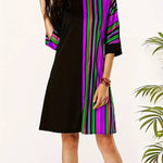 A-Line Half Sleeves Asymmetric Contrast Color Striped Round-Neck Mini Dresses