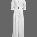 Half Sleeves Loose No Belt Solid Color Deep V-Neck Jumpsuits