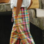 Vintage Check Print Lace-Up Casual Pants