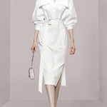 Long Sleeves Loose See-Through Split-Joint Split-Side Tied Waist V-Neck Midi Dresses Shirt Dress