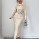 Bodycon Long Sleeves Hollow Lacy Pleated Solid Color Split-Back Split-Joint Zipper Round-Neck Maxi Dresses
