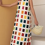 A-Line Loose Contrast Color Pockets Split-Side Round-Neck Midi Dresses