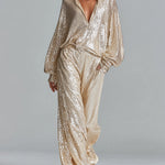 Women's Gold Glamorous Sequin Collared Half - Zip Wide - Leg Loungewear Party Set