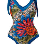 Margovil V Neck Bow Shoulder One-piece Swimwear and Wrap Cover Up Skirt Printed Set