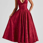 Margovil Halter V Neck Waisted Jacquard Swing Midi Party Dress