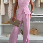 Workplace Chic Sleeveless Button Vest and Relaxed Pocket Wide Leg Pants Set