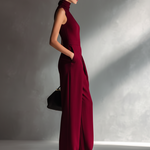 Women's Sleek Cotton-Linen Blend Burgundy Sleeveless Turtleneck Wide-Leg Jumpsuit