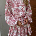 Loose Puff Sleeves Pleated Printed Split-Joint Tied Waist Stand Collar Mini Dresses