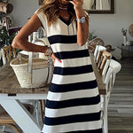 Stripe Elegant V Neck Cap Sleeve Midi Dress