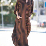 Batwing Sleeves Half Sleeves Buttoned Pockets Striped Round-Neck Beach Cover-Up Maxi Dresses