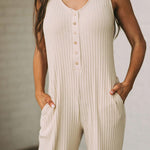 Apricot Sleeveless Buttoned Ribbed Wide Leg Jumpsuit with Pockets