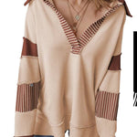 Light French Beige Striped Patchwork Collar Sweatshirt