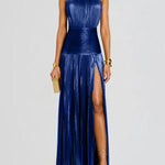 Elasticated Waist Sleeveless Pleated Shiny Solid Color Split-Side Halter-Neck Maxi Dresses