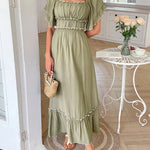 A-Line High Waisted Pleated Ruffle Trim Split-Joint Zipper Square-Neck Midi Dresses