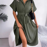 Loose Short Sleeves Solid Color Split-Joint Tied Waist Lapel Midi Dresses Shirt Dress