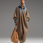 Women's Brown Double-Sided Brushing and Blue Denim Stand Collar Loose-Fitting Long Dress