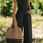 Margovil Halter Cowl Neck Sleeveless Top Elastic Waist Wide Leg Pants Set