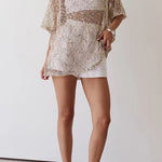 Round Neck Half Sleeves Crochet Hollow Out Sequin Top