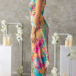 One Shoulder Cut Out Waist Pleated Maxi Print Dress
