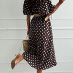 Collared Short Sleeves Button Up Polka Dot Midi Dress
