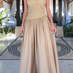 Mockneck Sleeveless Lace Splice Satin Maxi Dress