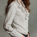 Vintage Cotton Stripe Ruffle V-Neck Button-Down Blouse
