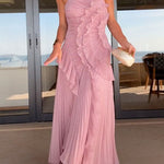 Margovil Strappy Halter Neck Ruffle Trim Asymmetric Hem Pleated Maxi Dress