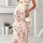 Strapless Floral Print Ruffle Layered Maxi Dress