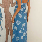 Bow Shoulder Sleeveless Seashell Print Maxi Dress