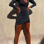 Chicest V Neck Puff Long Sleeves Wrapped Denim Mini Dress