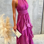 Halter Neck Waisted Ruffle Maxi Dress