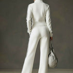 Sporty Retro Striped Webbing White Long-Sleeve Sweatshirt And Wide-Leg Pants Set