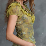 Boho Vintage Ruffled Zip-Front Sheer Top In Soft Moss Green