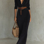 Margovil Long Sleeves Button Up Faux Suede Belted Maxi Dress