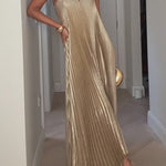 Margovil V Neck Strapless Pleated Maxi Party Dress