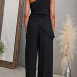 One Shoulder Irregular Hem Top High Rise Pocketed Wide Leg Pants Set