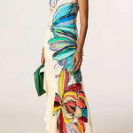 One Shoulder Sleeveless Floral Print Ruffle Slit Maxi Dress