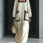 Women's Beige Cotton And Linen Blend Square-Neck Maxi Dress With Black Trim & Oversized Pockets
