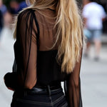 Chic Crew Neck Sheer Sleeves Button Down Shirt