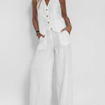 Women's Fashion Solid Color Vest Trousers Collage Stitching Cotton and Linen Casual Suit