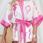 Half Sleeves Button Up Bow Waist Marine Life Print Romper